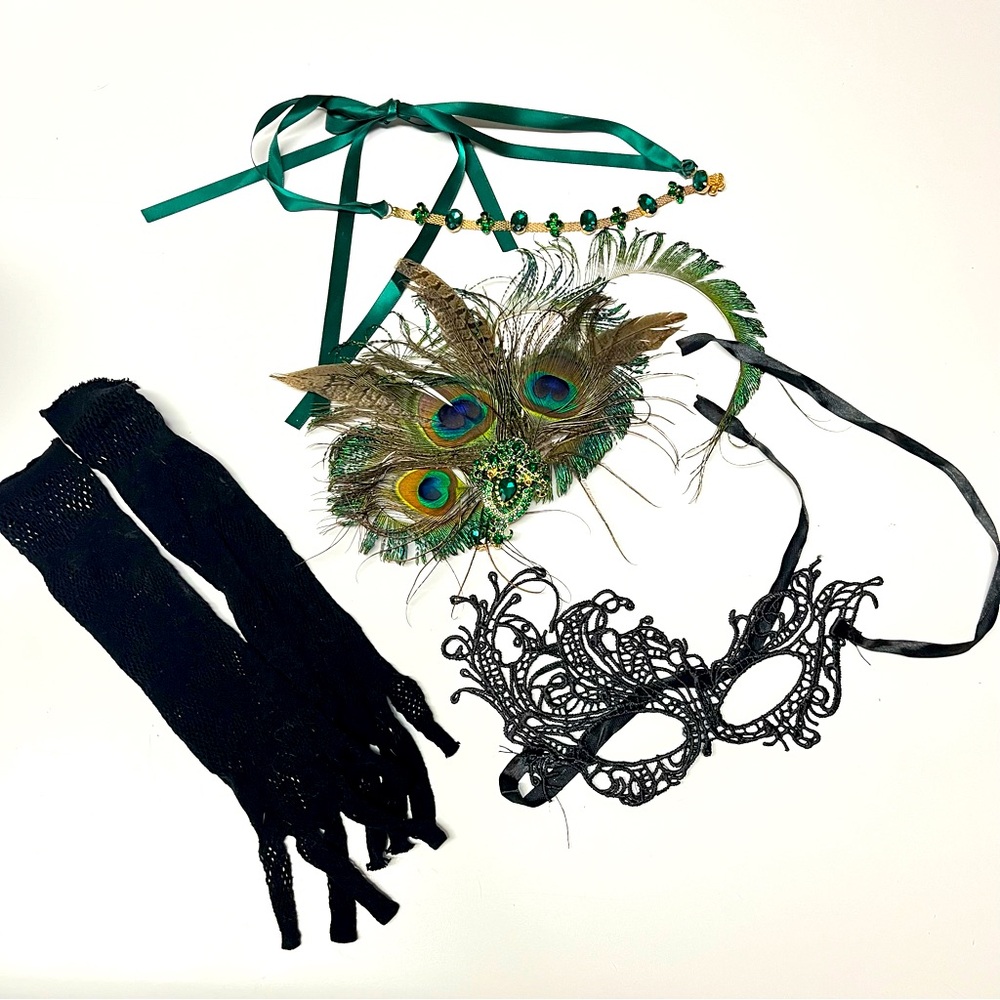 Masquerade Mask 4 Piece Set Peacock & Black Lace Mask Mesh Gloves Masquerade